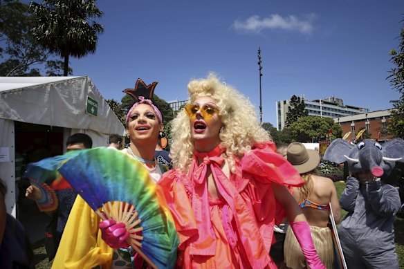 A colourful crowd enjoy the festivities and entertainment at the Gay & Lesbian Mardi Gras Fair Day at Victoria Park, Sydney.