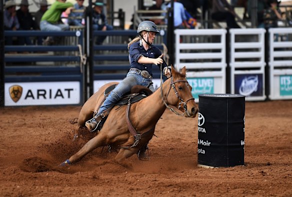 Libby Corbet competes in the junior barrel race event the Mount Isa Mines Rodeo.