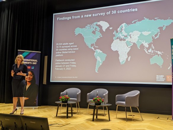 Kelly Beaver from Ipsos (left) speaking at the Global Institute for Women’s Leadership at King’s College London.