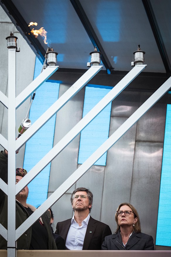 Jacinta Allan joins the Jewish community as the menorah is lit at the Pillars of Light festival in Federation Square. 