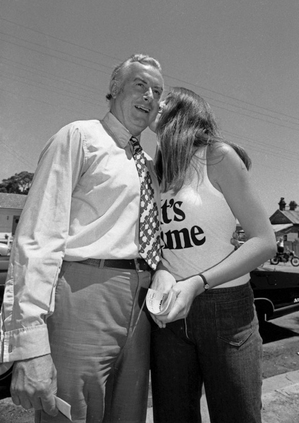 Gough Whitlam with daughter Catherine in an “It’s Time” campaign T-shirt.