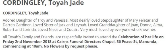 A funeral will be held for slain Toyah Cordingley, 24, on Friday.