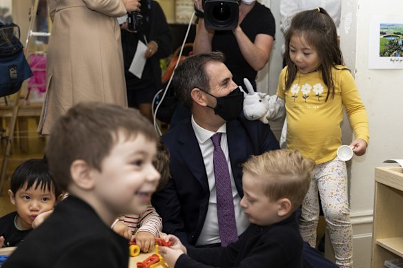 Shadow Treasurer Jim Chalmers meets with children during a visit to Goodstart Early Learning Centre Carlton, in Sydney, NSW.