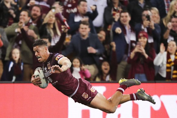 Dane Gagai of the Maroons scores a try.