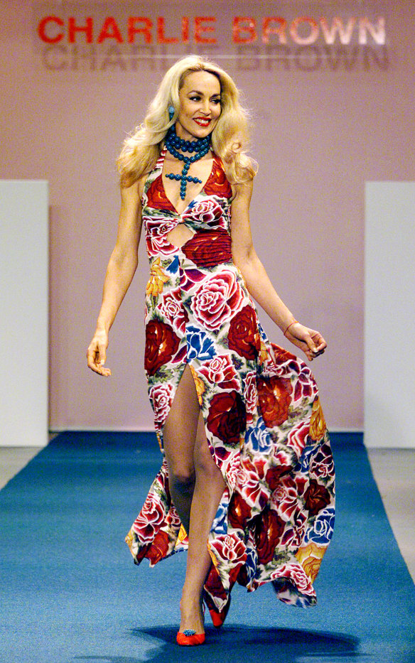 Jerry Hall walks the catwalk for Charlie Brown at Australian Fashion Week in 2000.