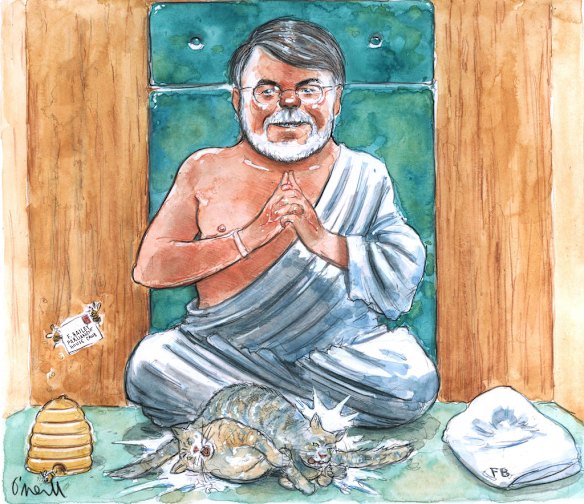 Cartoon of the Speaker of the House Harry Jenkins as Buddha overseeing cats fighting in Parliament.