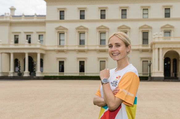 Actress Tessa James at Victoria's Government House before her run in the Gold Coast Commonwealth Games Queen's Baton Relay on Saturday.
