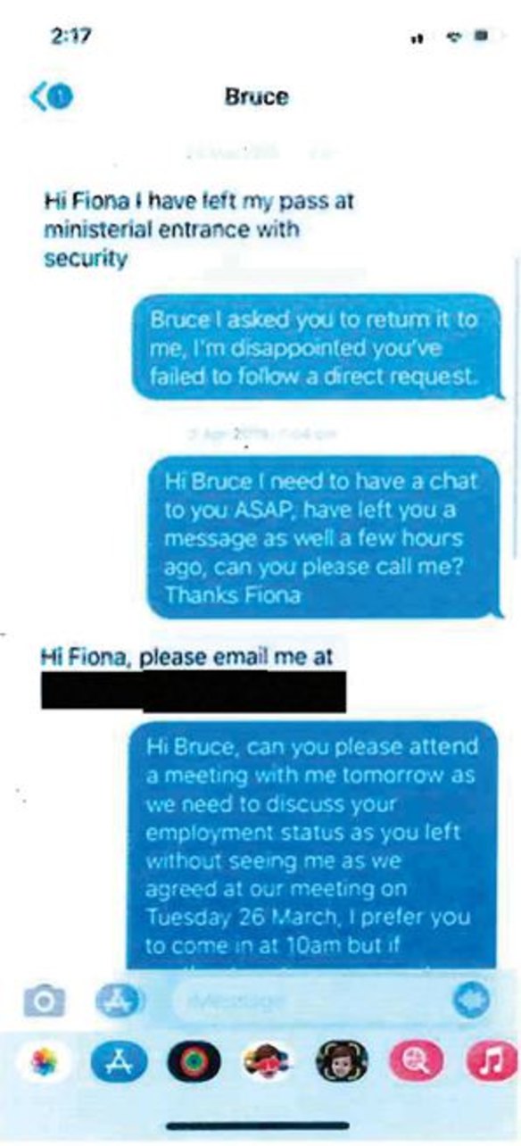 Text messages between Fiona Brown and Bruce Lehrmann in March 2019, tendered in evidence in Lehrmann’s Federal Court defamation case.