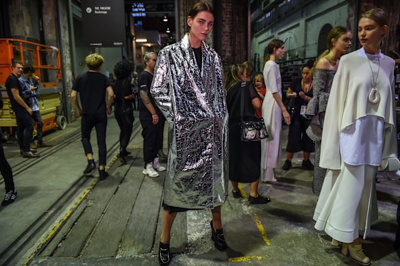 Models backstage at the Ellery Collection show.