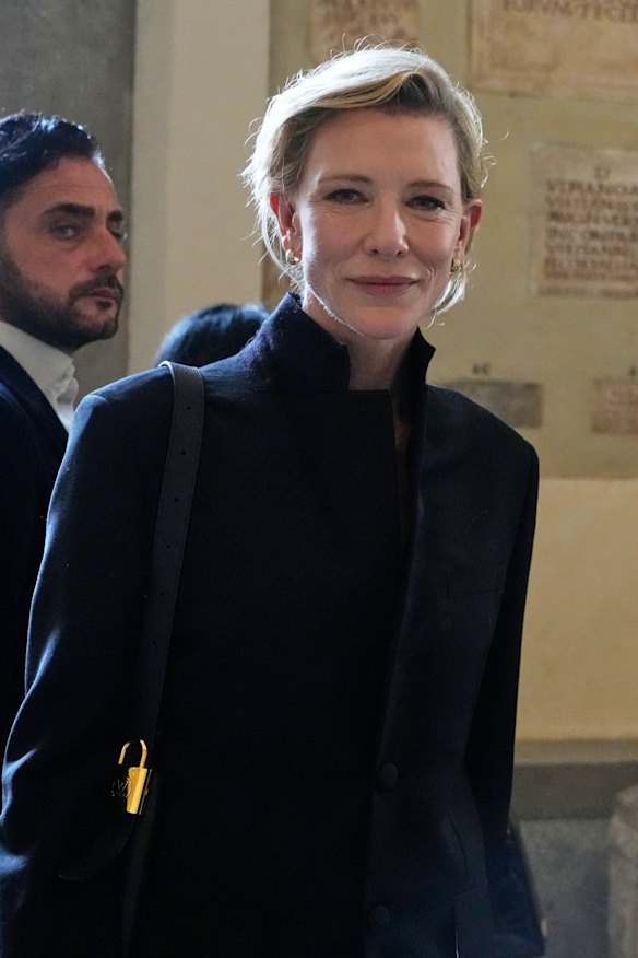 Actress Cate Blanchett leaves the Vatican after an audience with Pope Leo. 