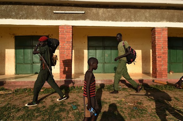 SPLA-IO soldiers arrive at the cantonment near the Jebel mountains on the outskirts of Juba, South Sudan. This group of IO soldiers returned to Juba with the SPLA-IO Chief of General Staff Simon Gatwech Dual, a part of the peace agreement and an important step in the return of IO Chairman Riek Machar.