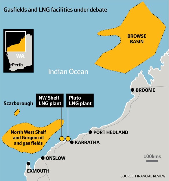 The locations of the gas fields. 