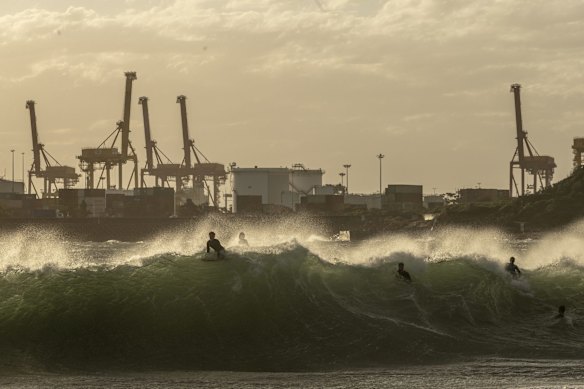 Young surfers brave rare waves breaking inside Botany Bay as damaging southerly winds hit Sydney .