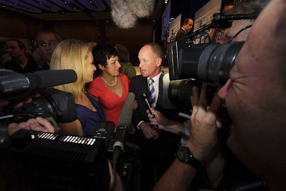 Campbell Newman with wife Lisa at the LNP election party at the Hilton, Brisbane. Photo: Michelle Smith
