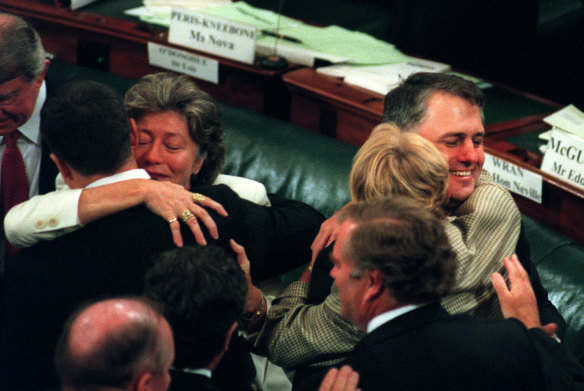 As the convention finished there were hugs for the ARM with Janet Holmes A Court, at left, and Malcolm Campbell getting a hug from Wendy Machin.  13th February, 1998.