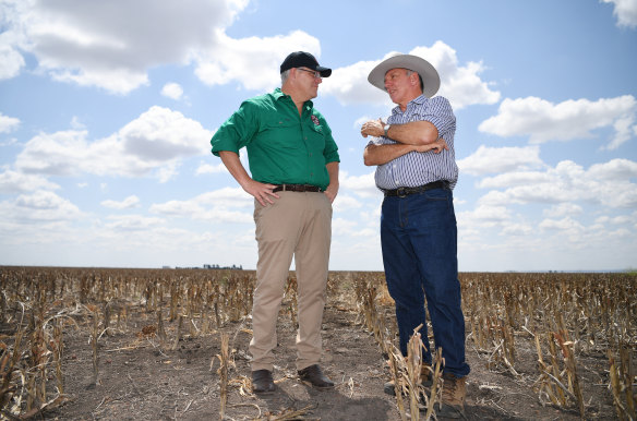 Prime Minister Scott Morrison on a recent visit to a drought-affected property near Dalby in Queensland. He has promised another drought package in coming weeks.