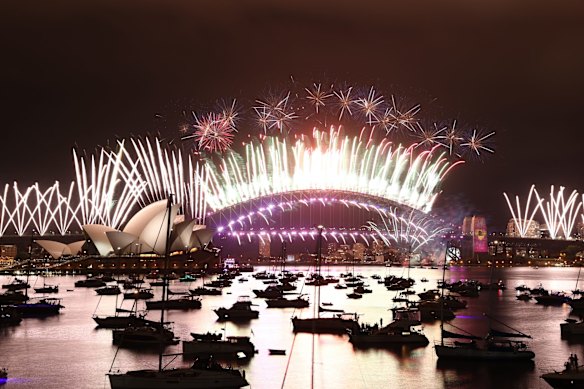 The New Years Eve Fireworks in Sydney Harbour as seen from Mrs Macquaries Point in Sydney at midnight, Jan 1, 2021. Bring on the New Year!