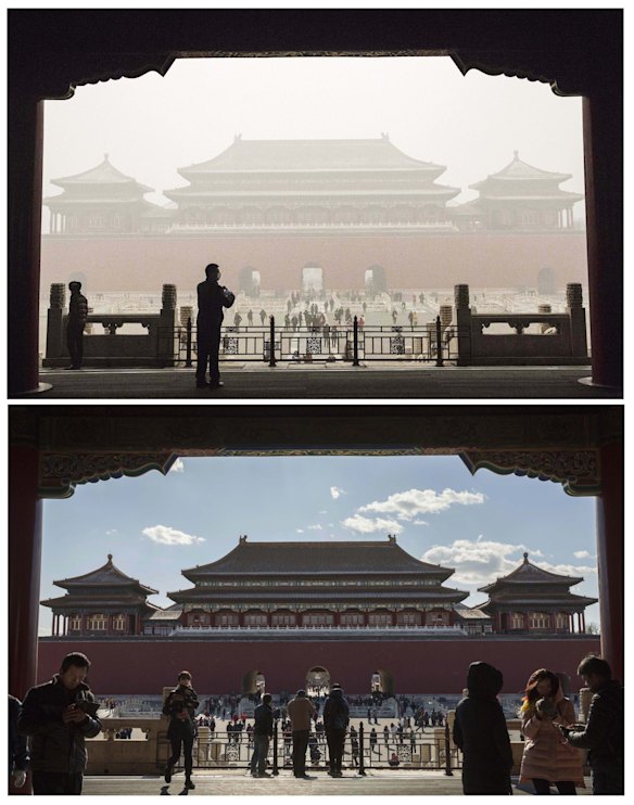 The Forbidden City  is seen in heavy pollution, top, on December 1 and 24 hours later under a clear sky on December 2.