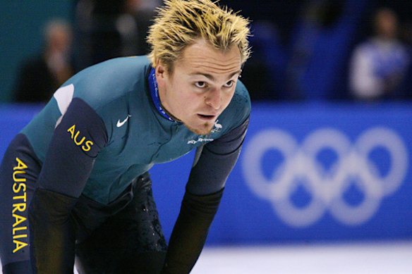 Not always plain sailing: Steven Bradbury recovers after falling at the end of his 1500m heat at Salt Lake City in 2002.