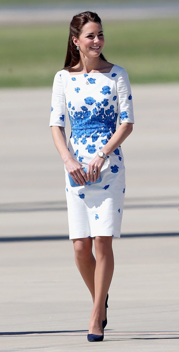 Catherine, Duchess of Cambridge arrives at the Royal Australian Airforce Base at Amberley on April 19, 2014 in Brisbane, wearing LK Bennett.