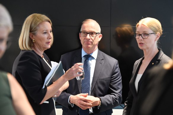 Former sex discrimination commissioner Elizabeth Broderick, University of Sydney Vice Chancellor, Michael Spence and the head of the Women's College, Amanda Bell. 
