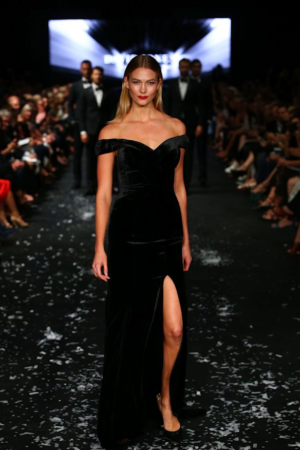 Karlie Kloss showcases designs by Rachel Gilbert on the runway at the David Jones Autumn Winter 2017 Collections Launch at St Mary's Cathedral Precinct, Sydney, on February 1, 2017.