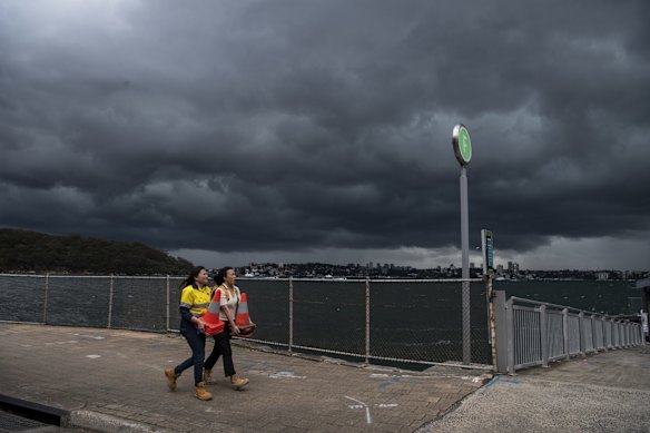 Storm clouds loom over Sydney Harbour, from Bradleys Head.