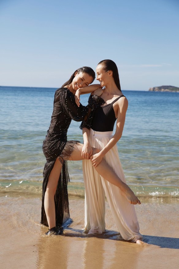 Ako wears Aje x Australis Swarovski gown, POA. Amber wears Bloch “Paradise” leotard, $50. Chanel trousers, $3530.