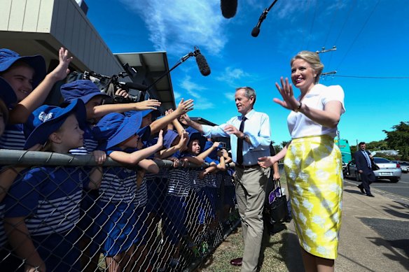Opposition Leader Bill Shorten with wife Chloe during a visit to Frenchville State School in Rockhampton, Queensland.