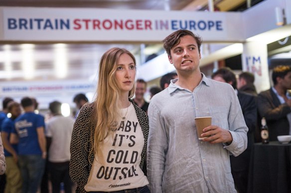 Supporters of the Stronger In campaign react after hearing results in the EU referendum at London's Royal Festival Hall.