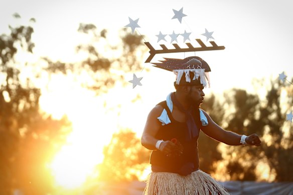 Performers from Muakgau Lak Gubau Gizu (Thursday Island) during the opening ceremony of the First Nations National Convention held in Uluru, at the Mutitjulu community.