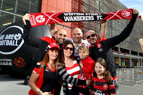 Western Sydney Wanderers fans Linda Zinghini, Rosie Daminao, Olivia Damiano, 3, Isabella Damiano, 8, Mark Fazio, Frank Damiano and Steve Damiano, all from Western Sydney, at the Grand Final Saturday at Suncorp Stadium, Brisbane.