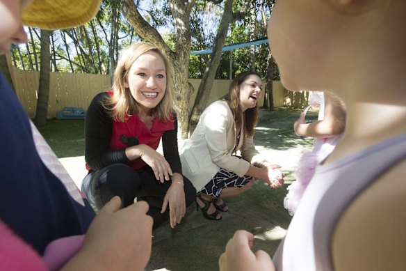 Sarah Hanson-Young and Larissa Waters of the Greens Party visit a child care centre in East Brisbane on May 12, 2016.