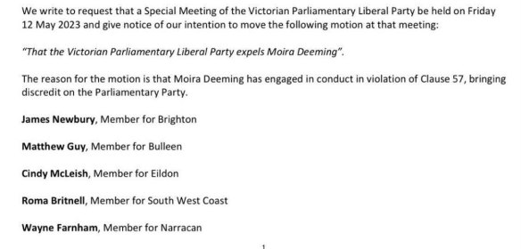 The notice of motion to expel Moira Deeming from the Liberal party room.