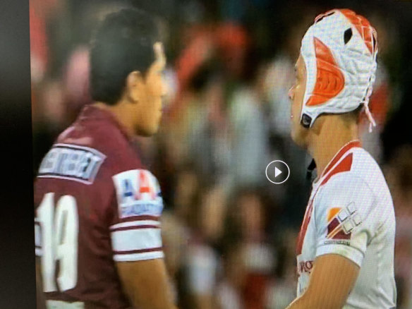 Jorge Taufua shakes hands with Jamie Soward after his blink-and-you-miss-it debut in 2012.