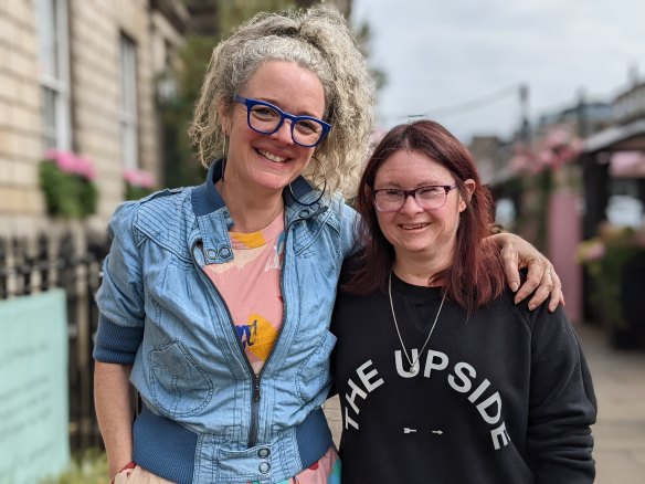 Former artistic director of the Black Swan Theatre company Clare Watson (left) with Australian playwright and actress Julia Hales, who debuted her show about living with Down syndrome at the Edinburgh International Festival.