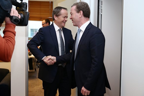 "I didn't leave you any water." - Christopher Pyne "That's alright Chris, you haven't left schools any money" - Bill Shorten. Opposition Leader Bill Shorten and Education Minister Christopher Pyne greet each other at the ABC radio studio in the Press Gallery for early morning interviews, at Parliament House in Canberra on Thursday 15 May 2014. 