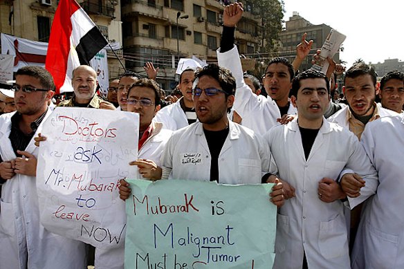 Doctors and medical students join the anti-government protests in Tahrir Square.