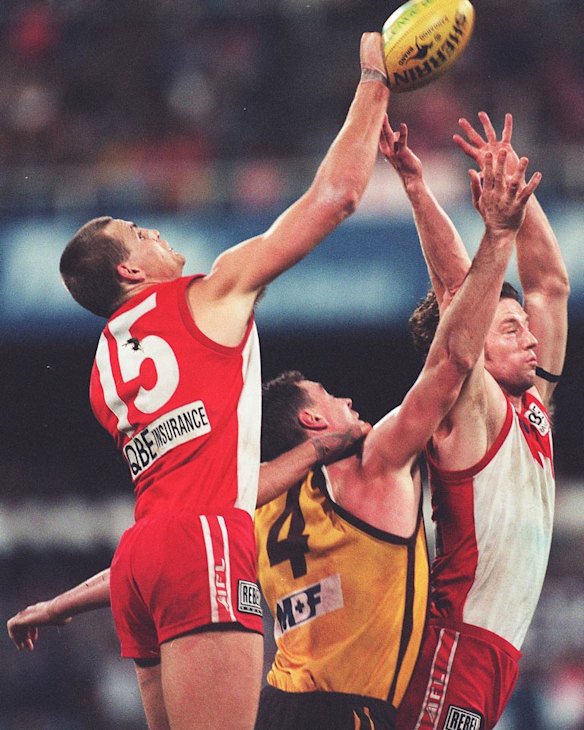 The 1996 Qualifying Final between Sydney and Hawthorn at the SCG was a thriller, with each team leading twice at the breaks, and the margin always under two goals. The Swans were propelled by Craig O'Brien's five goals to a six-point win. Craig Treleven had 34 touches for the vanquished Hawks.