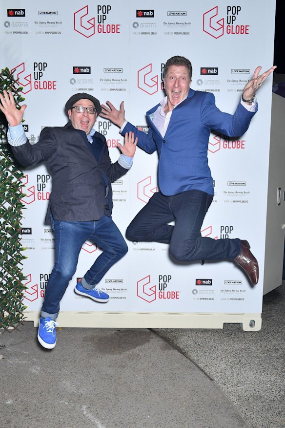 Dr Miles Gregory, Pop-up Globe founder, and Simon Pryce, Red Wiggle, on the red carpet for the opening night of the Pop-up Globe showing A Midsummer Night's Dream at the Entertainment Quarter, Moore Park, on Wednesday, September 5, 2018.