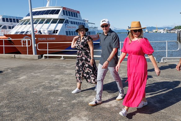 Labor candidate for Leichhardt Elida Faith, Opposition Leader Anthony Albanese and his partner Jodie Haydon arrive to board a ferry to Fitzroy Island, during a visit to Cairns, Queensland.