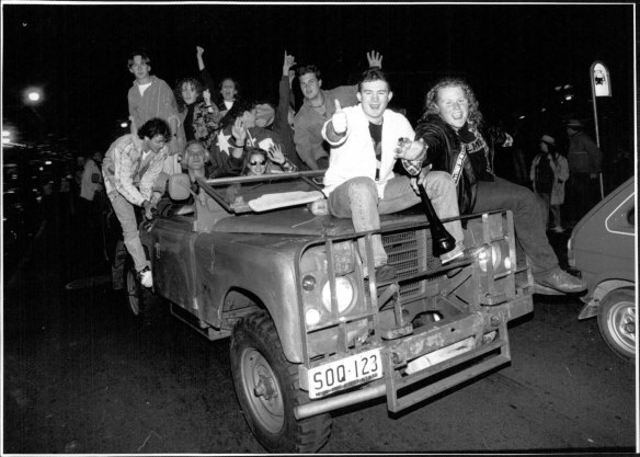 Revellers in George Street celebrate the win, September 23, 1993. 