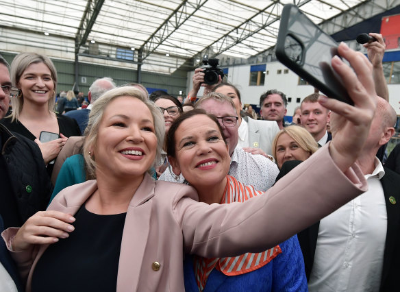 Sinn Fein northern leader, Michelle ONeill and Sinn Fein leader, Mary Lou McDonald take a selfie as they celebrate the historic win.