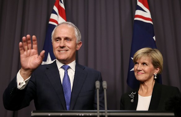 Prime Minister-designate Malcolm Turnbull and Deputy Leader Julie Bishop address the media during a press conference at Parliament House in Canberra on Monday 14 September 2015.