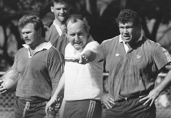 Wallabies Coach Alan Jones puts the Australian Rugby Union team through their paces at a training session at Rushcutters Bay, Sydney, 20 July 1987.