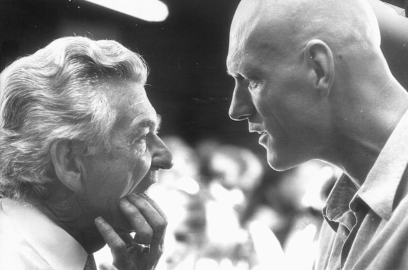 Prime minister Bob Hawke getting environmental counsel from Midnight Oil lead singer Peter Garrett.