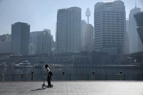 The Sydney CBD covered in smoke as seen from Darling Harbour.