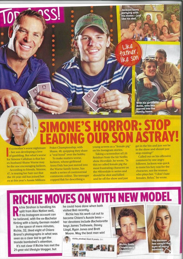 The article in Woman's Day featuring a story about Shane Warne and his son Jackson. 
