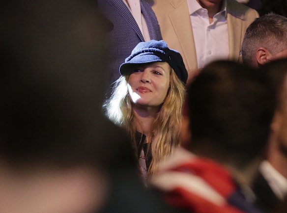 Actress Drew Barrymore joins the crowd before the start of the world welterweight championship bout between Floyd Mayweather Jr., and Manny Pacquiao.