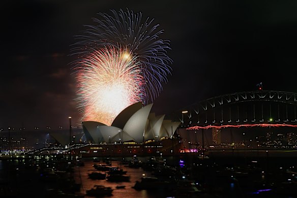 The 9pm New Year's Eve fireworks on Sydney Harbour, viewed from Mrs Macquarie's Chair.